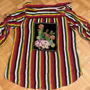 Multi-coloured striped button-up shirt with floral embroidery